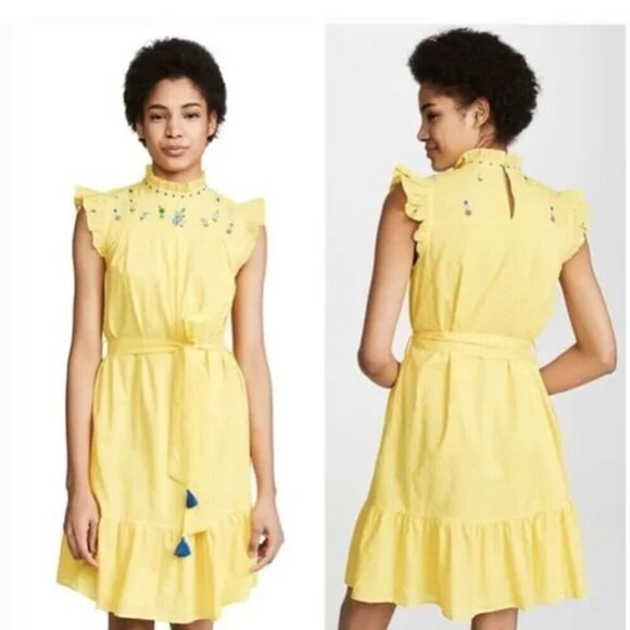 Banjanan Asha Swiss Dot Embroidered Floral Shift Dress Flutter Sleeve Tie Belt - Picture 1 of 10